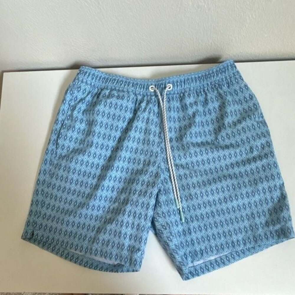 Bonobos Swim Short 7 Inch Inseam, Light Blue Geometric Print